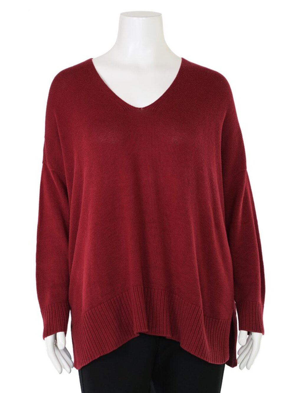 Eileen Fisher Dark Red Organic Cotton/Tencel V-Neck Box Sweater Women's sz XL